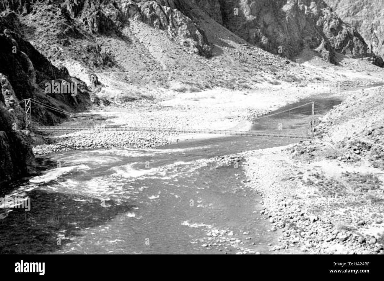 A historic photo from 1983 showing Phantom Ranch and the Silver Bridge ...