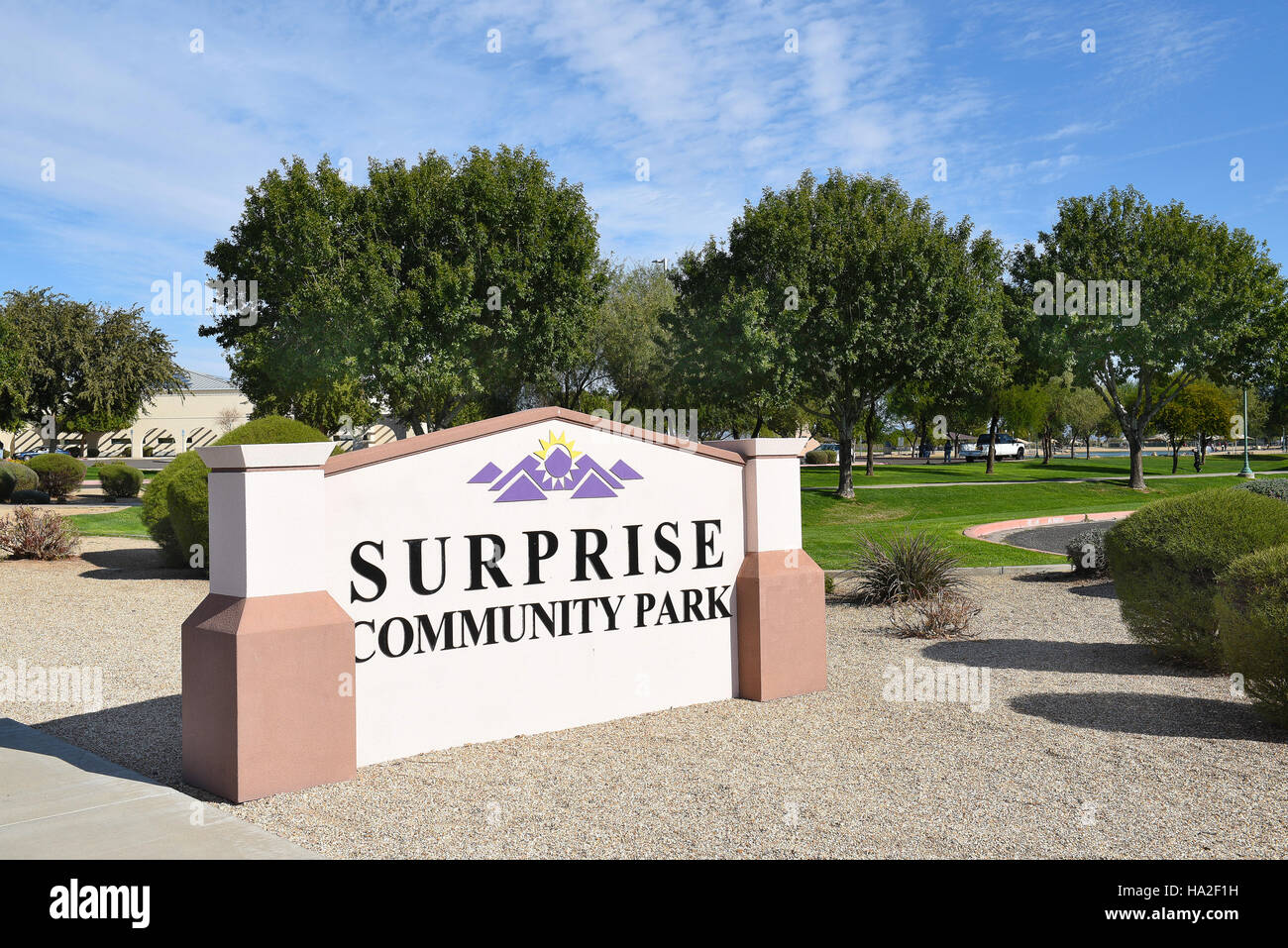 Surprise Community Park Sign. The park features A Regional Library, Aquatic Center, Dog Park, Pickleball Courts Stock Photo