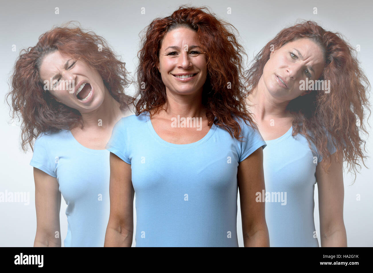 Front view on three versions of woman changing from moods of anger, joy and confusion Stock Photo