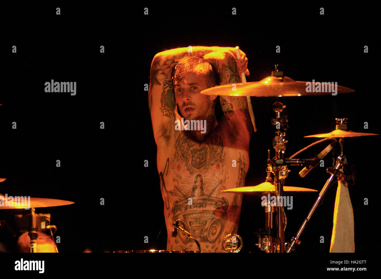 Travis Barker of +44 performs on stage at the Roxy Theatre in Hollywood, Ca Stock Photo