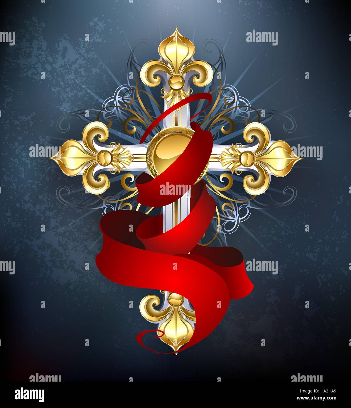 silver cross, decorated with gold lilies, with a red silk ribbon on a dark background Stock Vector