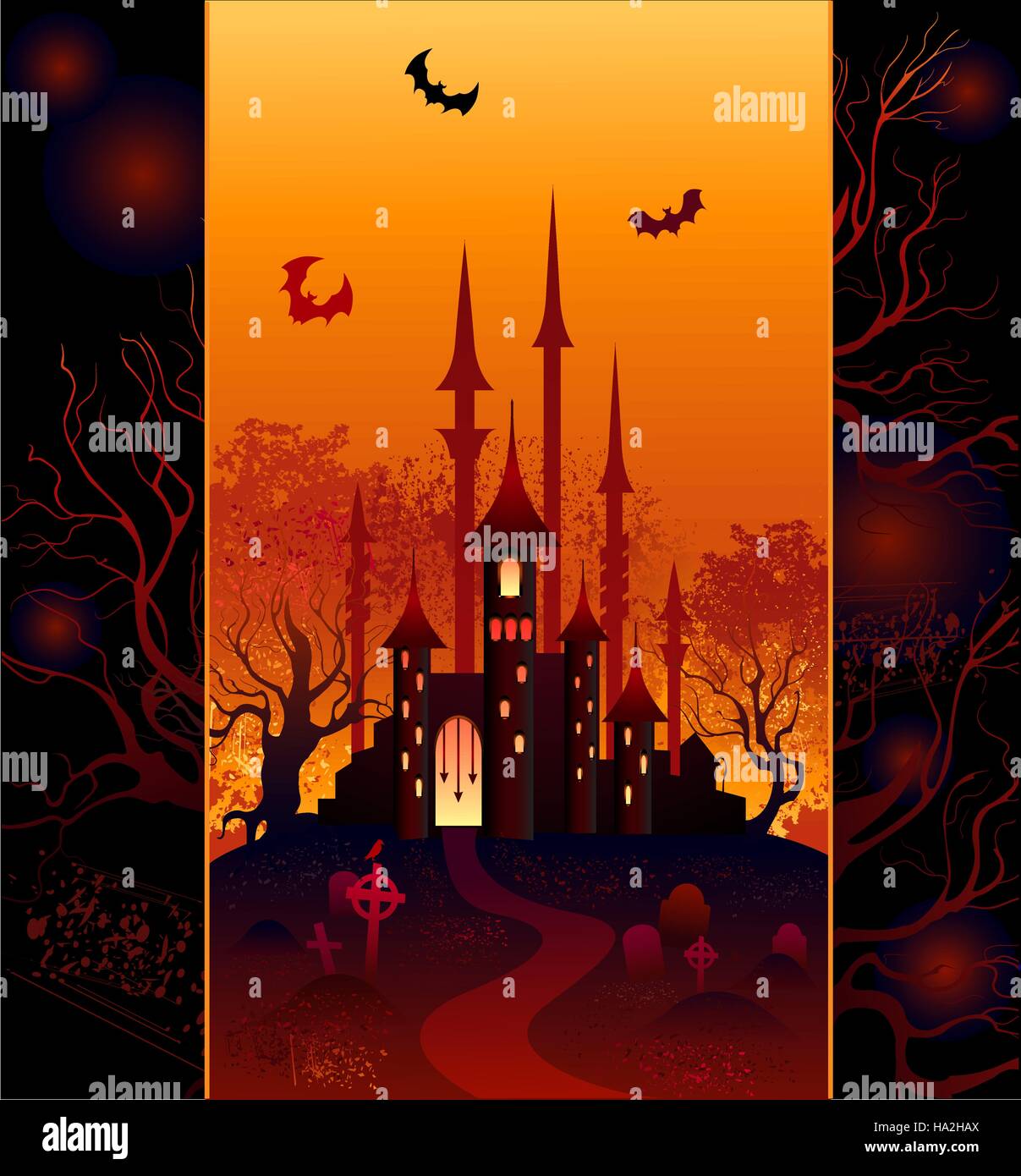 The original design for the mysterious halloween castle, forest and cemetery. Stock Vector