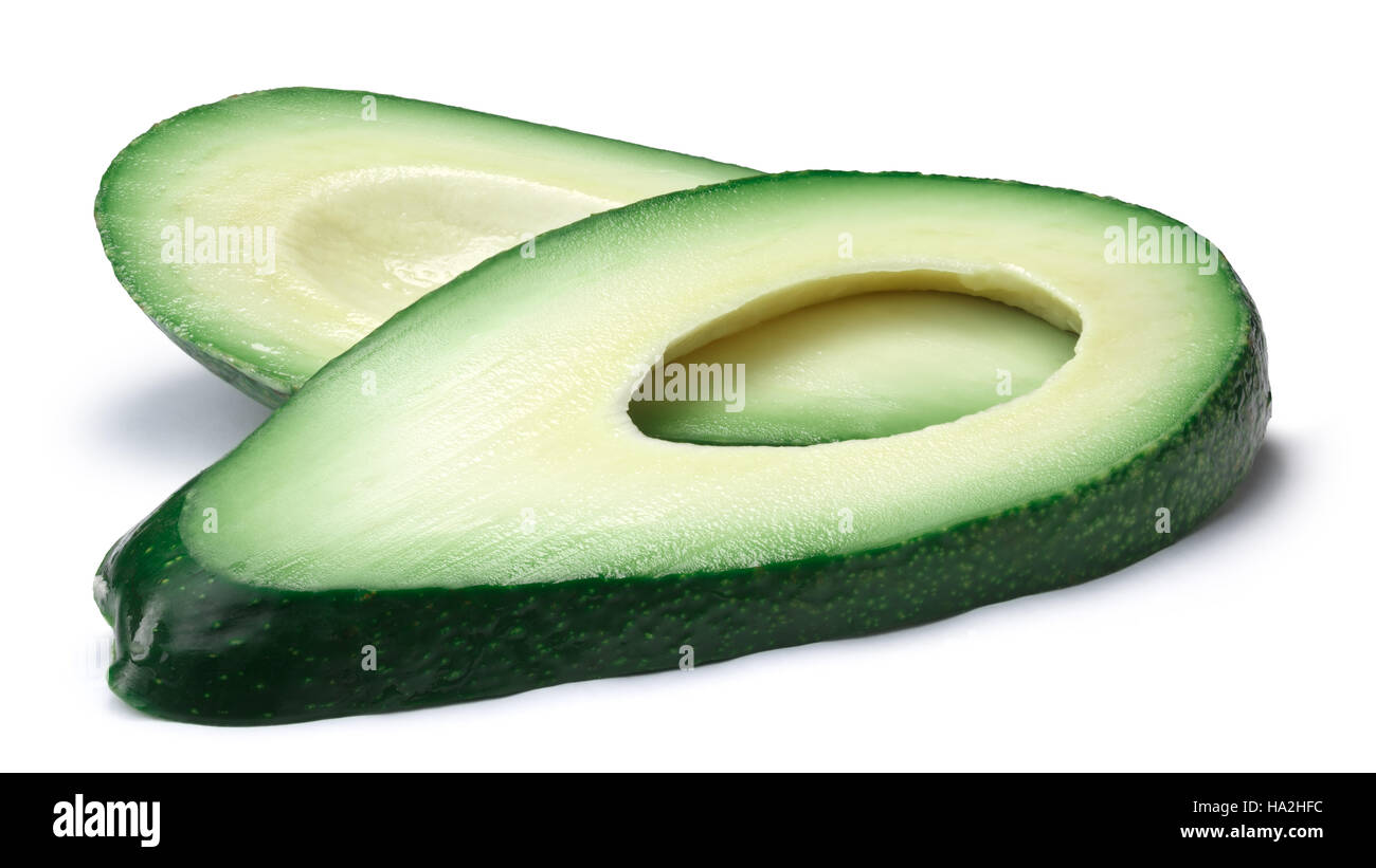 Avocado Fuerte slices (Persea americana). Clipping paths, shadow separated Stock Photo