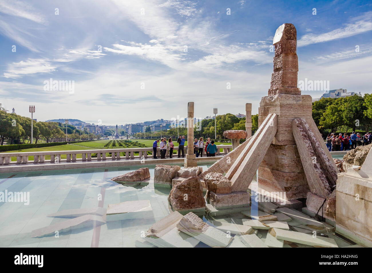 Eduardo VII Park. Controversial monument to the 25 de Abril Revolution, built in the scenic overlook or vista point of the park. Stock Photo