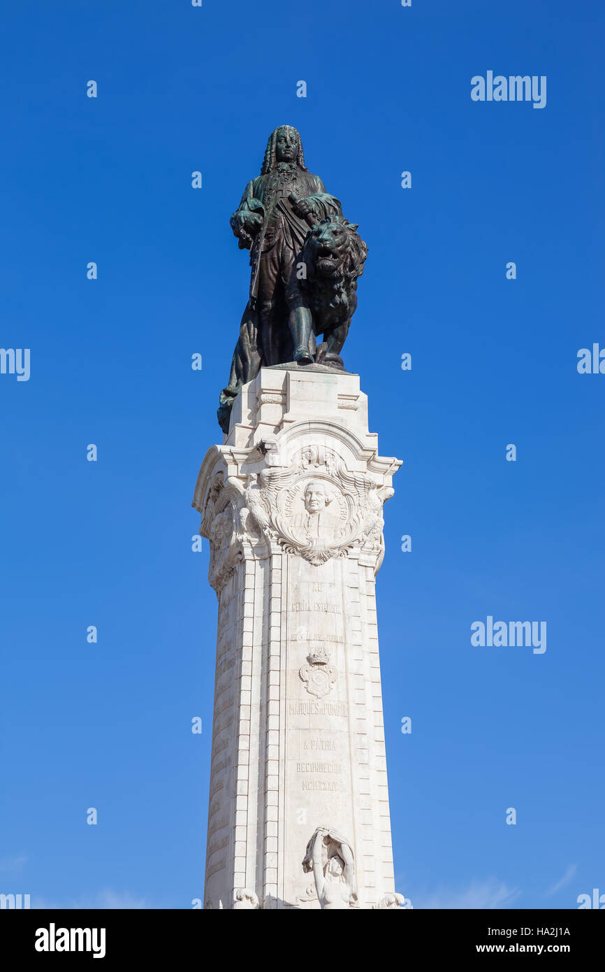 Marques de Pombal Square and Monument in Lisbon, placed in the center of the busiest roundabout of Portugal. One of the landmarks of the city. Stock Photo