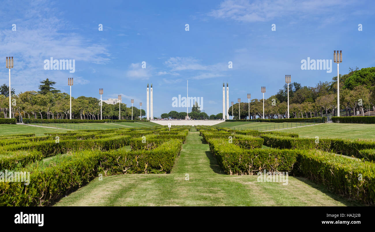The Eduardo VII Park scenic overlook or vista point in Lisbon, Portugal. The largest park in the city center and a landmark. Stock Photo