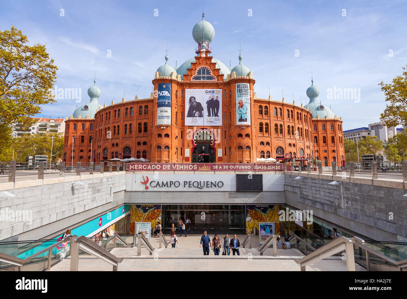 Campo Pequeno Bullring Arena and entrance to the underground shopping mall. Hosts concerts, fairs, exhibitions and other events. Stock Photo