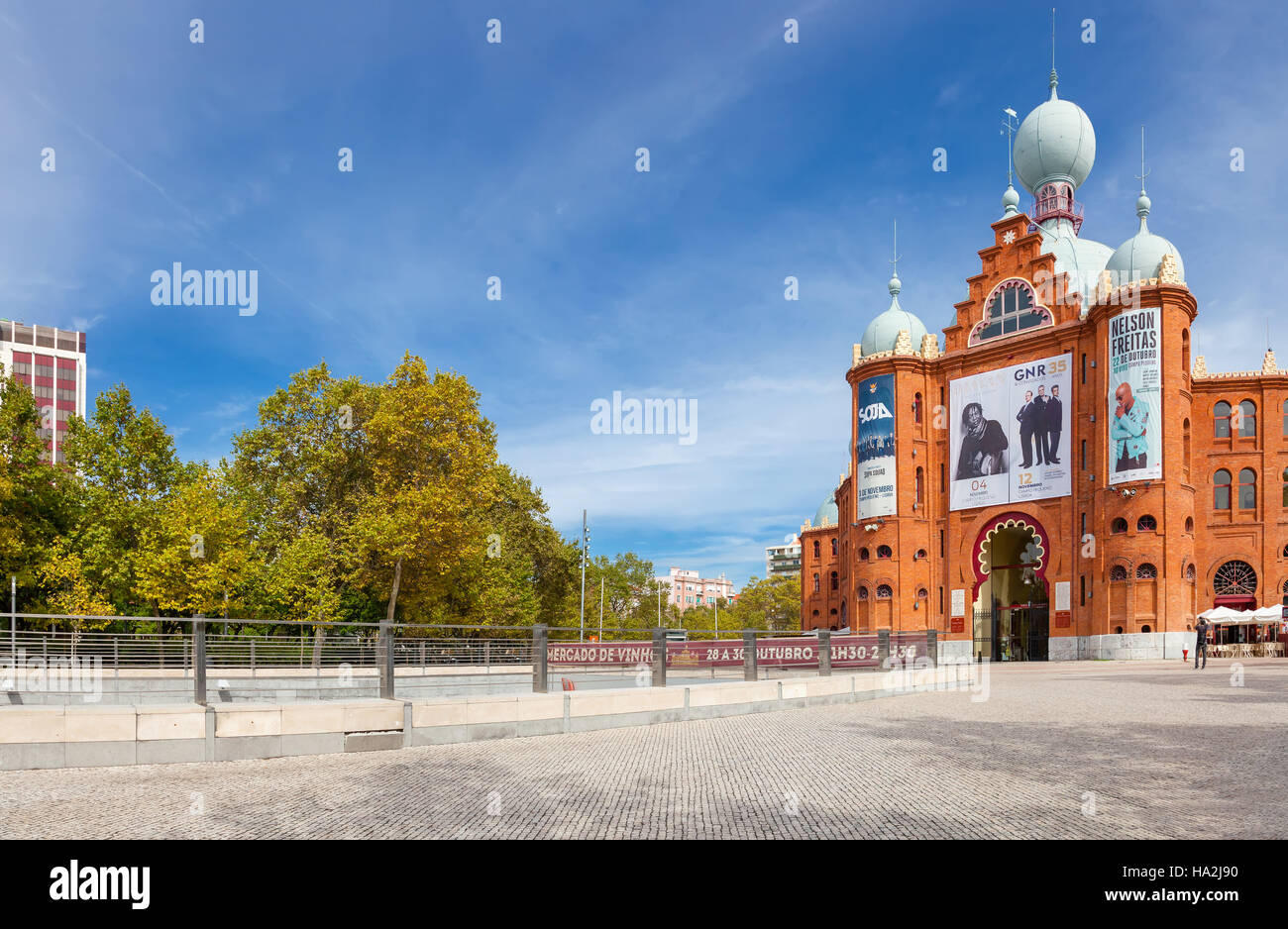 Campo Pequeno Bullring Arena main entrance. Portugal oldest and most iconic bullfight arena. 19th century Moorish Revival style. Stock Photo