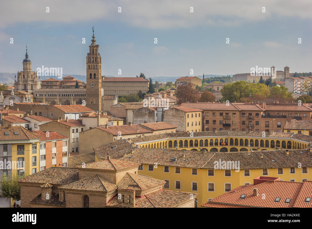 Cityscape with the cathedral and bullring of Tarazona, Spain Stock Photo