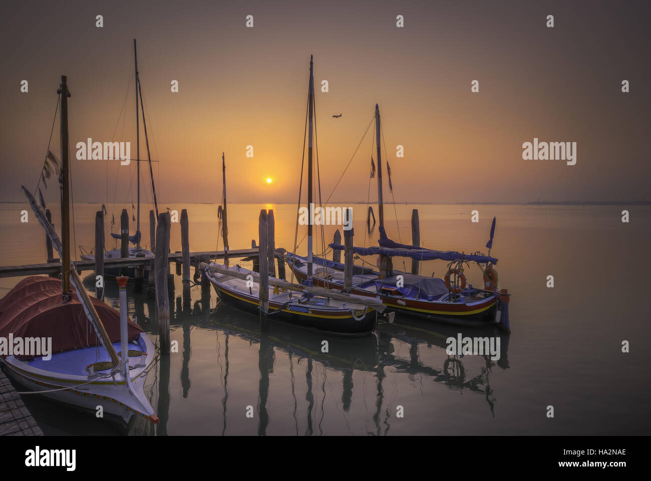Boats moored in lagoon, Venice, Italy Stock Photo