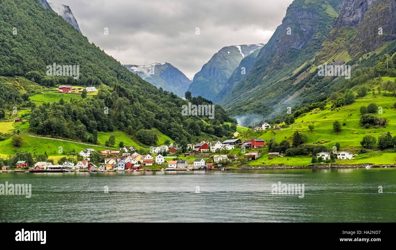 The Picturesque village of Undredal seen from the Aurlandsfjord, Norway Stock Photo