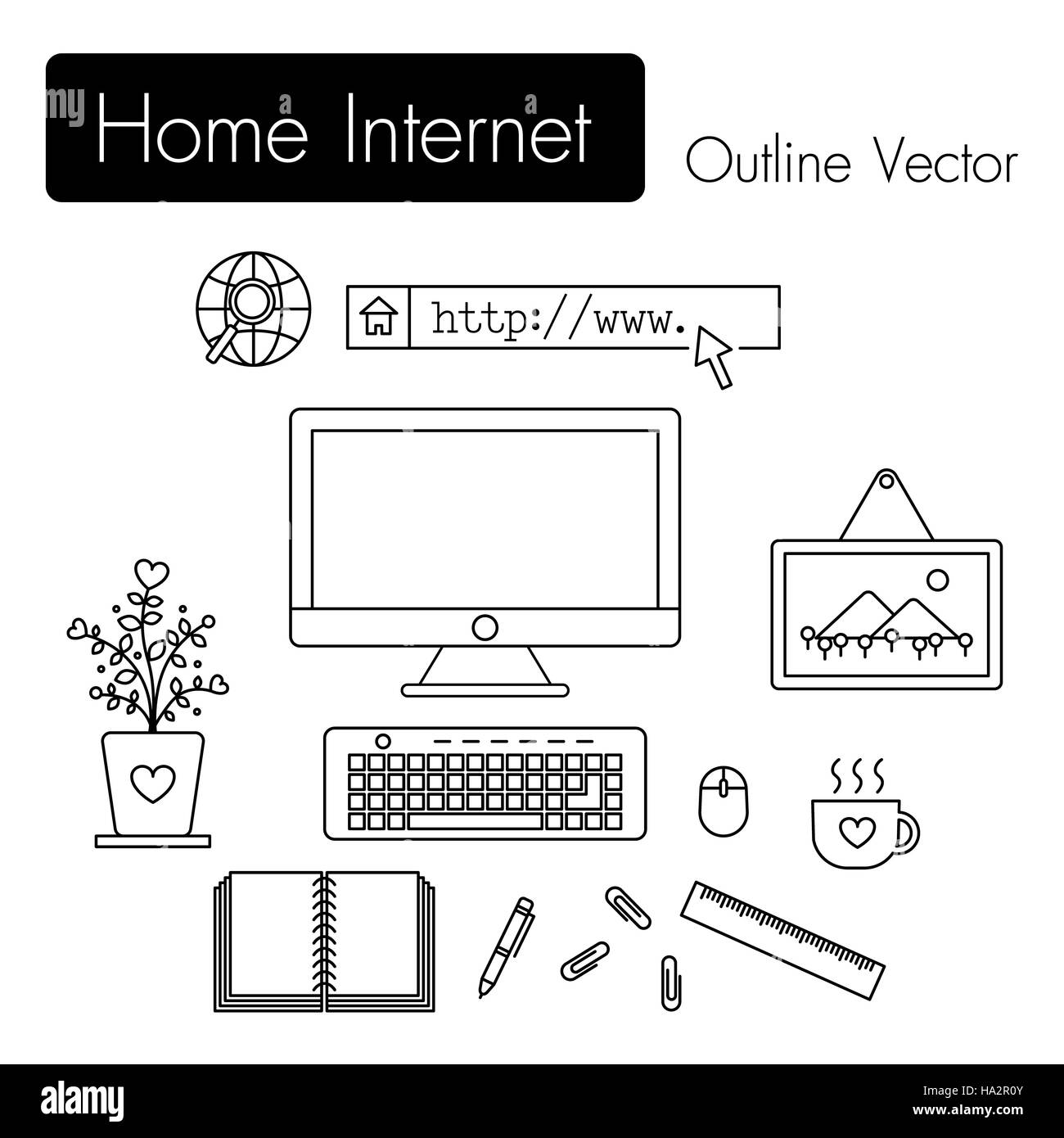 Home Internet . computer and modern workspace and equipment ( monitor screen , keyboard , mouse , picture frame , cup of coffee , notebook , pen , pap Stock Photo