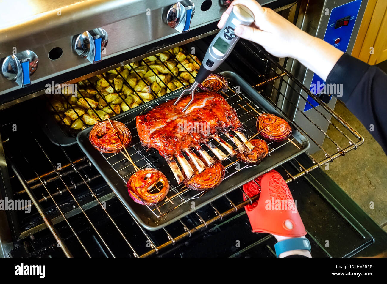 Checking temperature of rack of lamb during baking Stock Photo Alamy