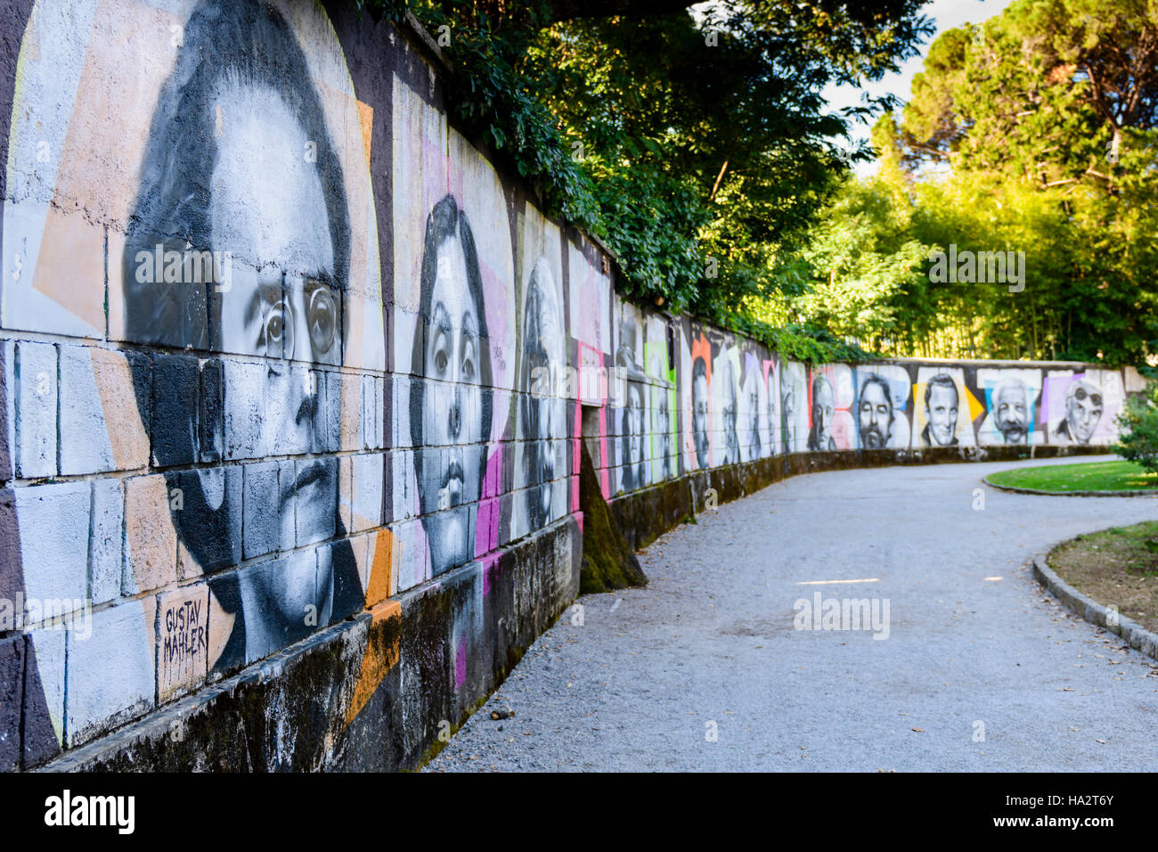 Opatija, Croatia - September 6 2016: Graffiti Angiolina park Opatija depicting famous people who visited this Croatian touristic city: Gustav Mahler, Stock Photo