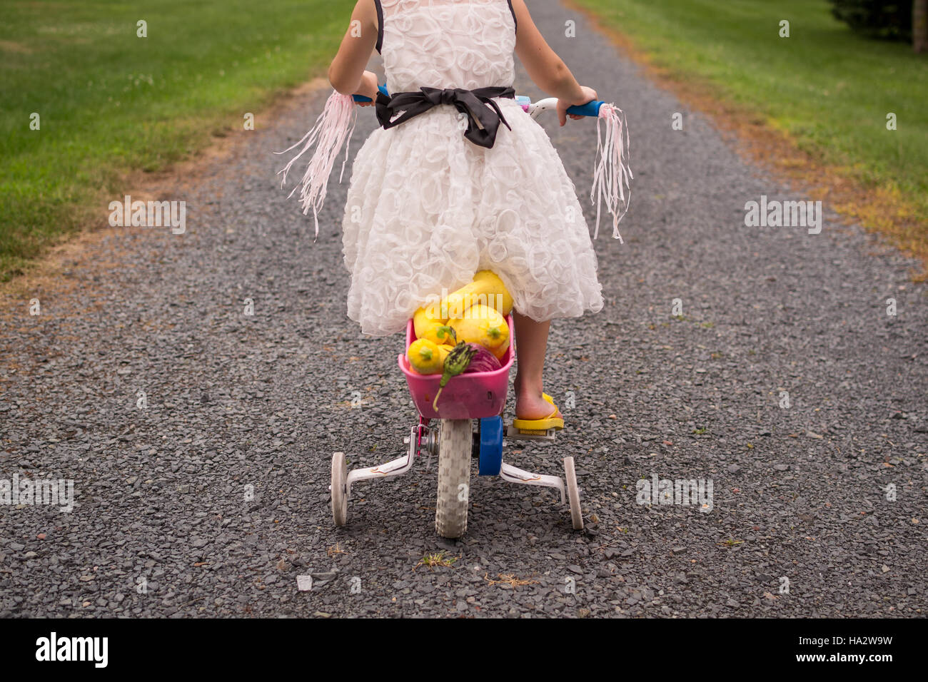 Girl riding a bike with stabilizers Stock Photo