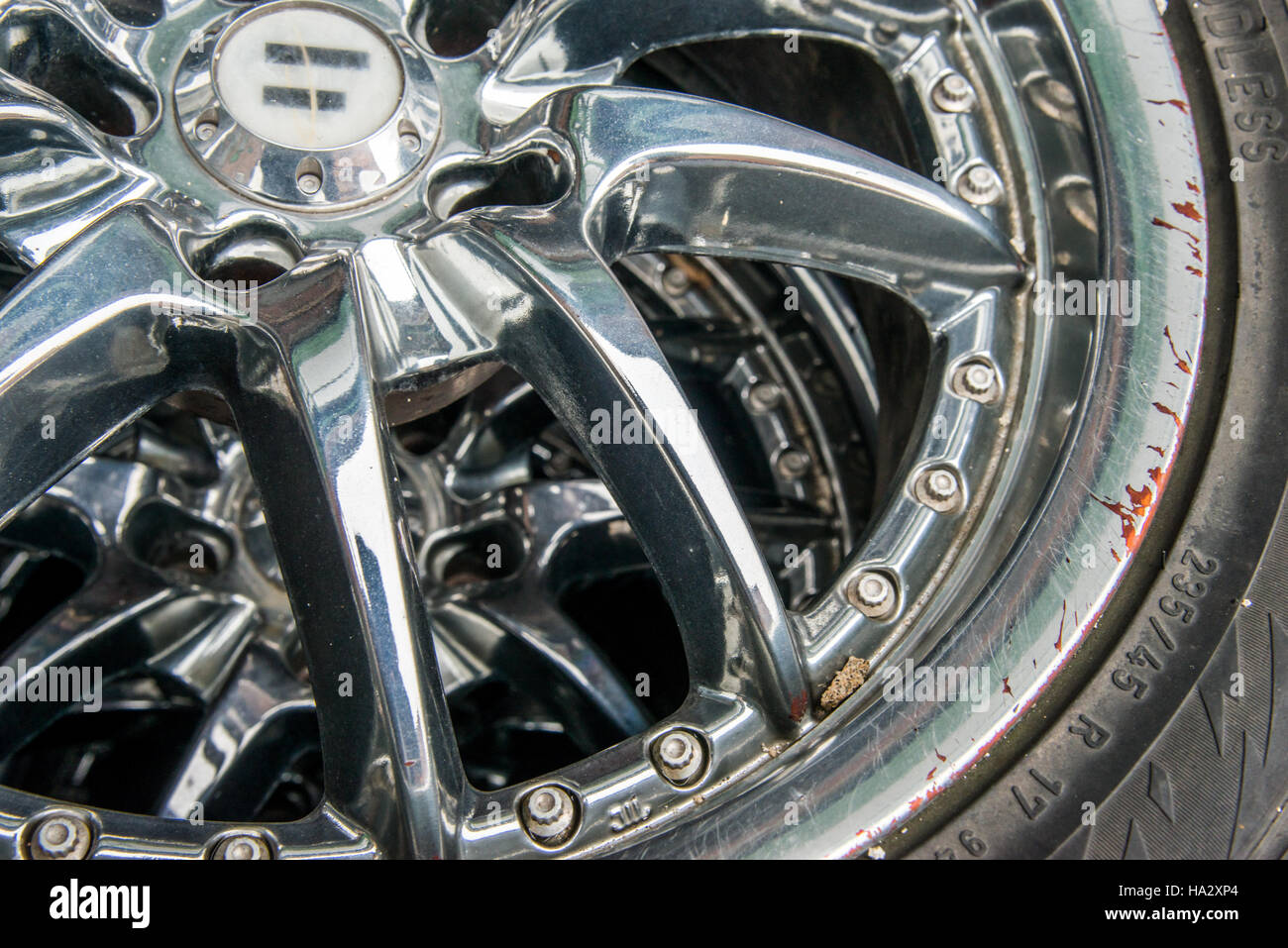 Damaged Chrome Wheel and Tire Stock Photo Alamy
