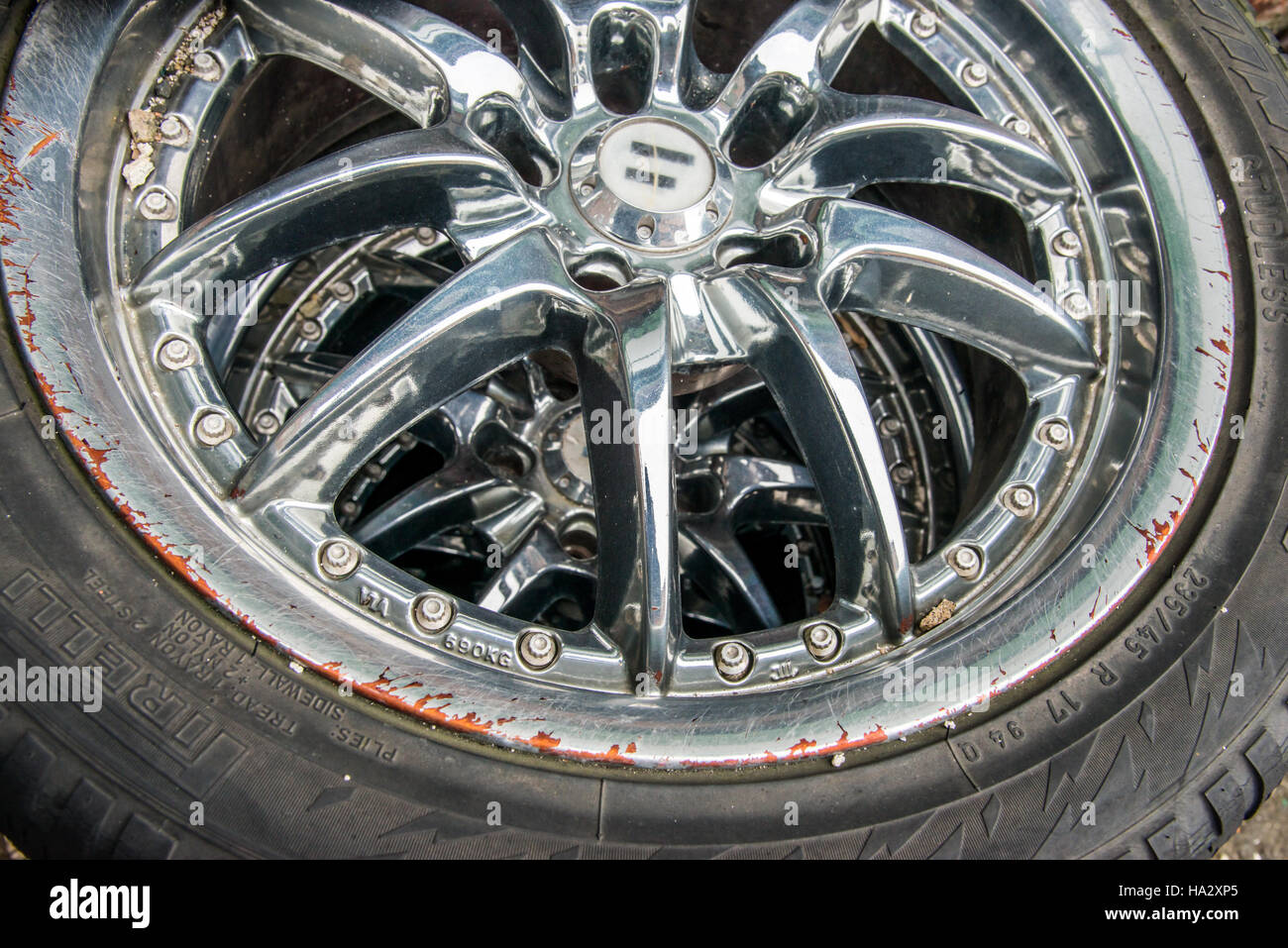 Damaged Chrome Wheel and Tire Stock Photo Alamy