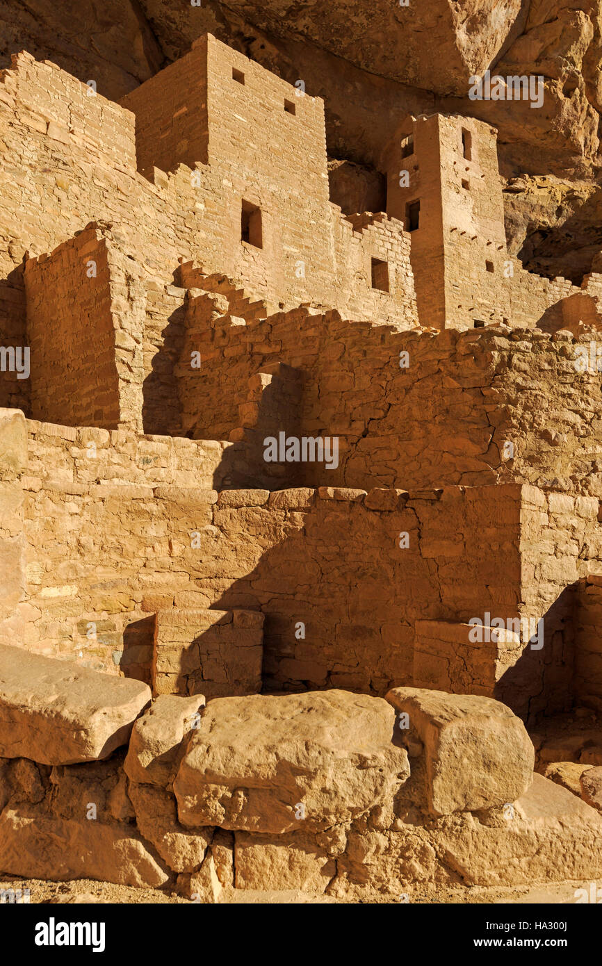 This is a vertical view of the Cliff Palace, the largest cliff dwelling at Mesa Verde National Park, Colorado USA. Stock Photo