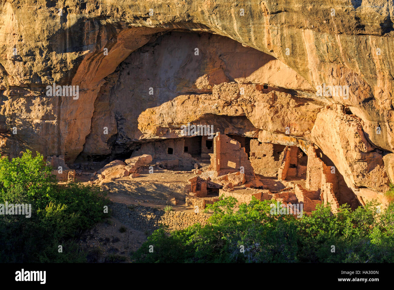 In this shot the setting sun lights up the Oak Tree House in Mesa Verde National Park, Colorado, USA. Stock Photo