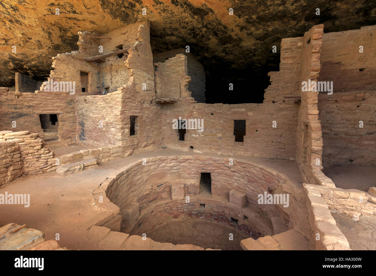 A close-up view of a section of the Spruce Tree House, the third largest cliff dwelling in Mesa Verde National Park Colorado USA Stock Photo