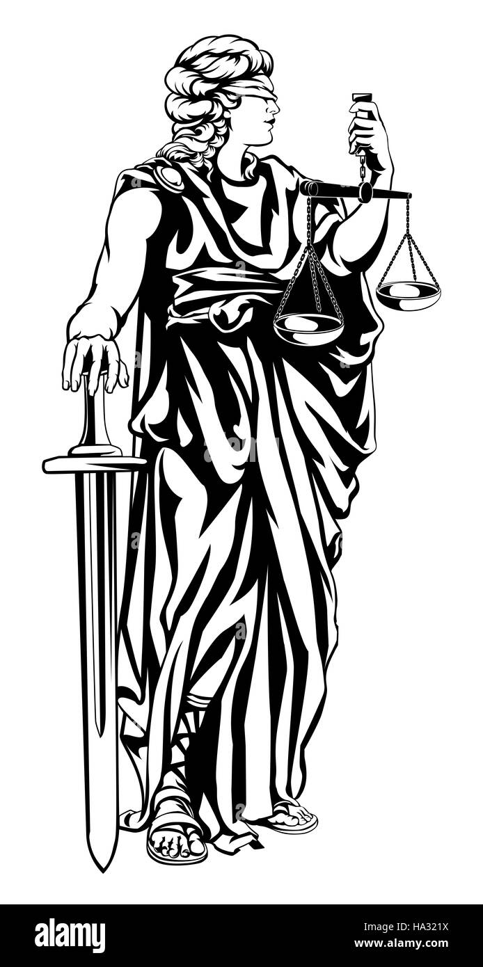 Illustration of Lady Justice woman holding scales and sword and wearing a blindfold Stock Photo