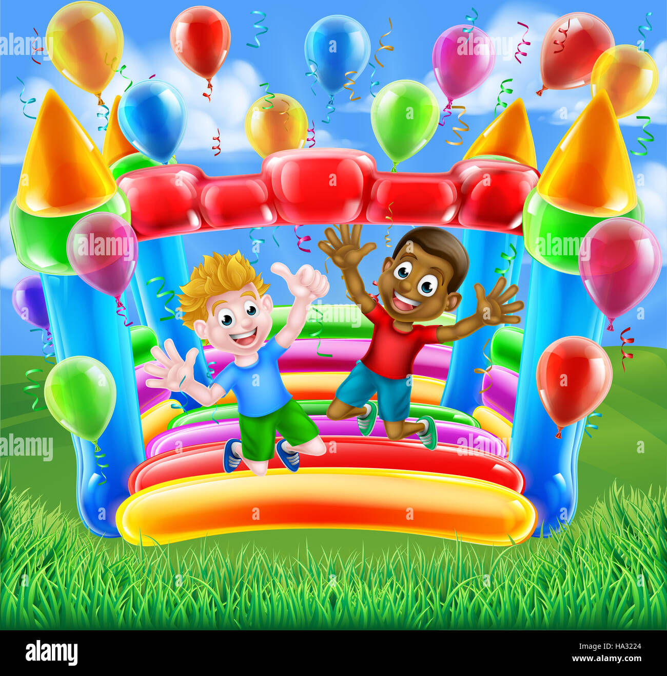 Two boys having fun jumping on a bouncy castle with balloons and streamers Stock Photo