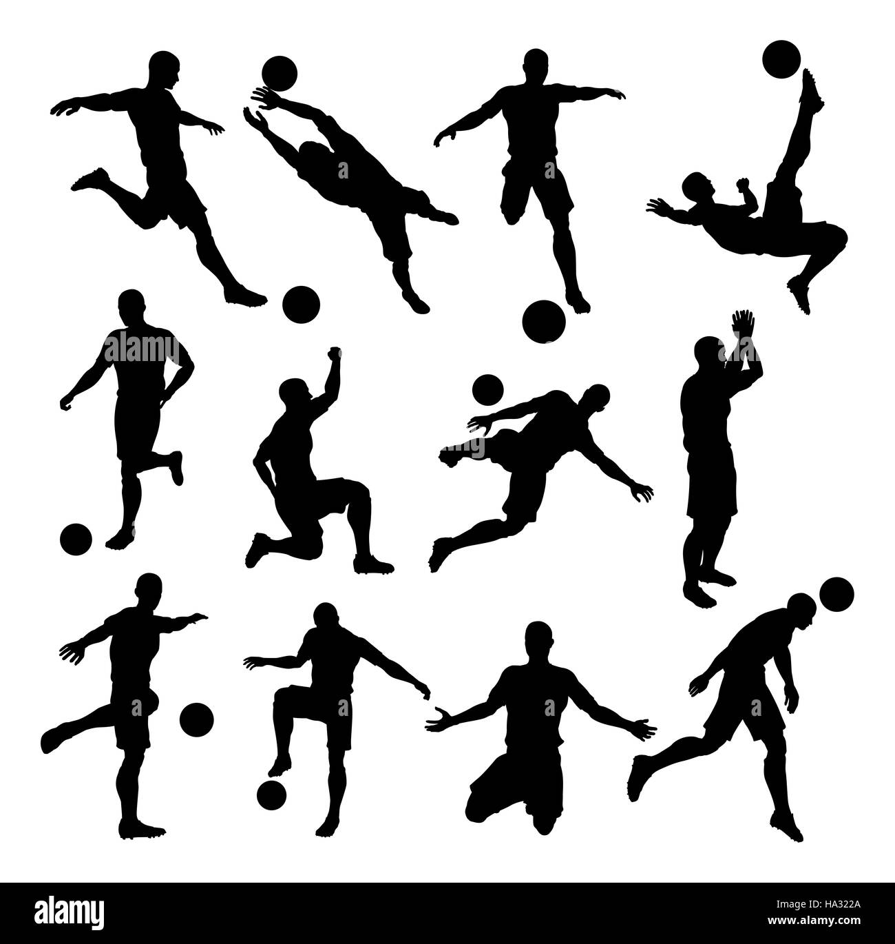 A set of Soccer Footballer Silhouettes in lots of different poses Stock Photo