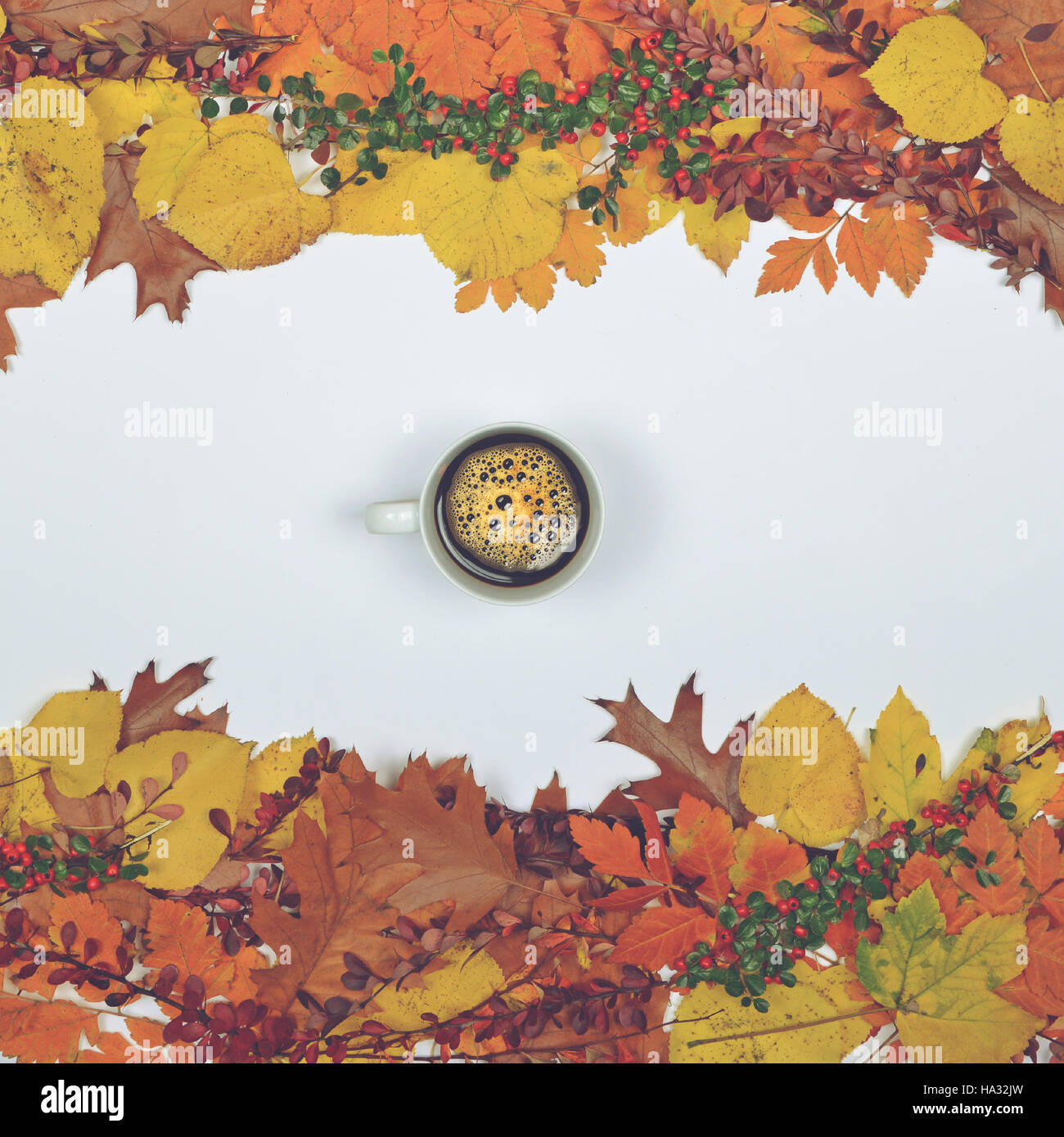 Autumn leaves cones and acorn on white background with cup of coffee in ...