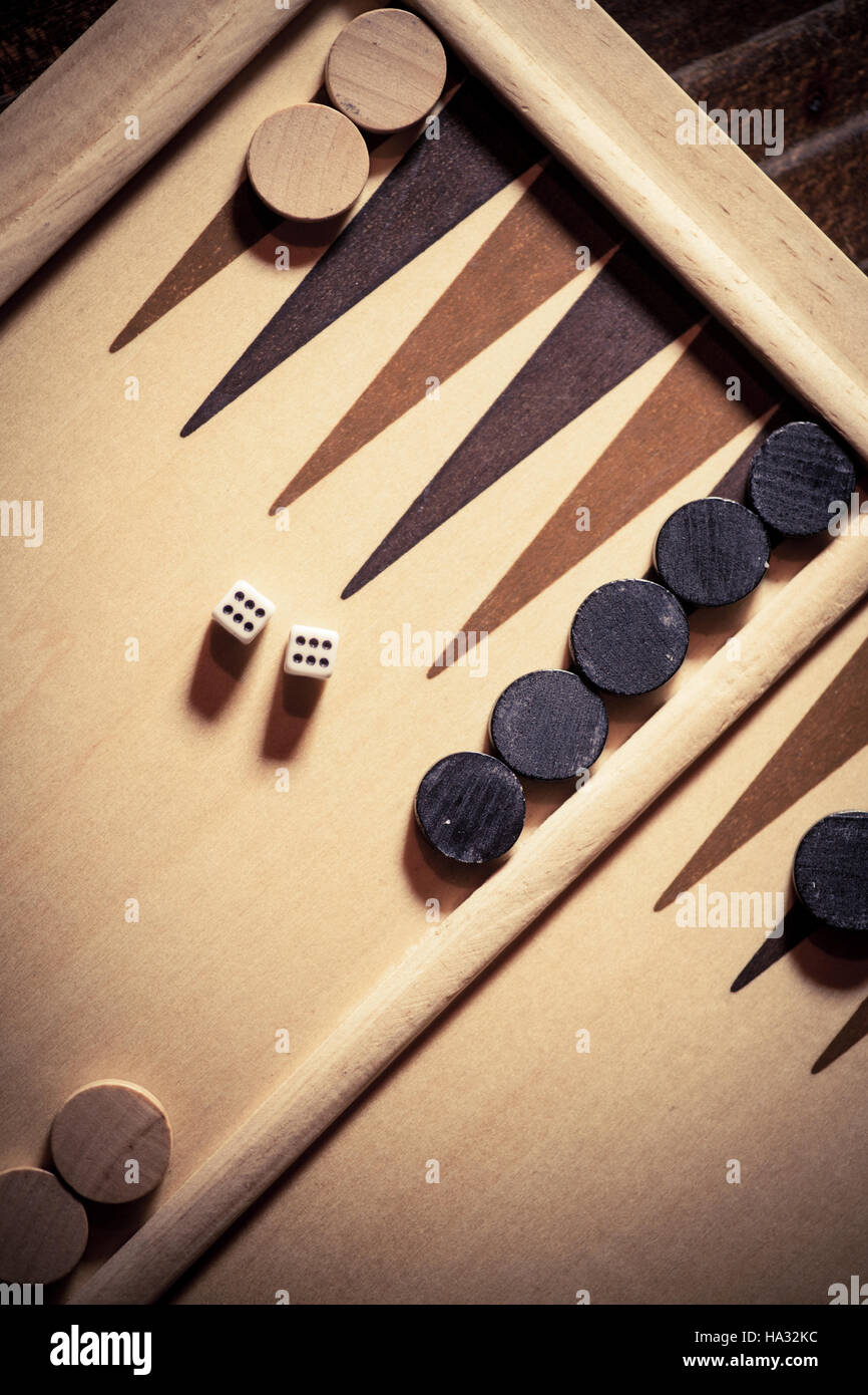 Backgammon board with double six dice, shot from above Stock Photo Alamy