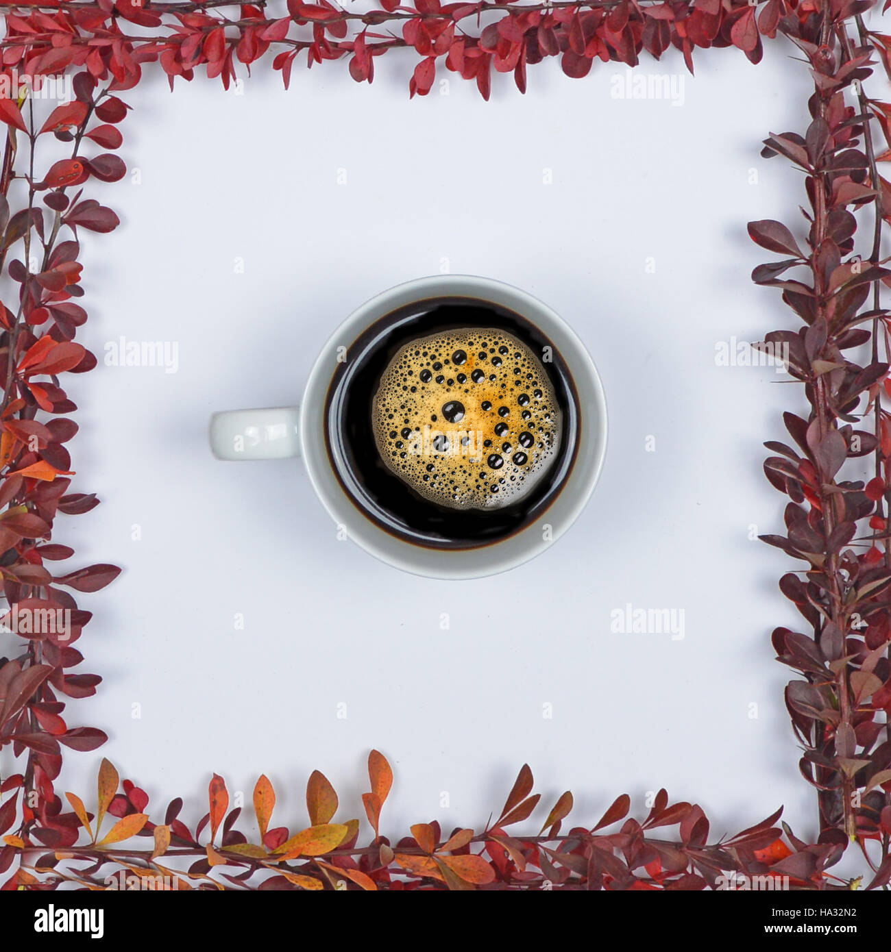 Perfect cup of coffee on white background with autumn leaves - Flat lay ...
