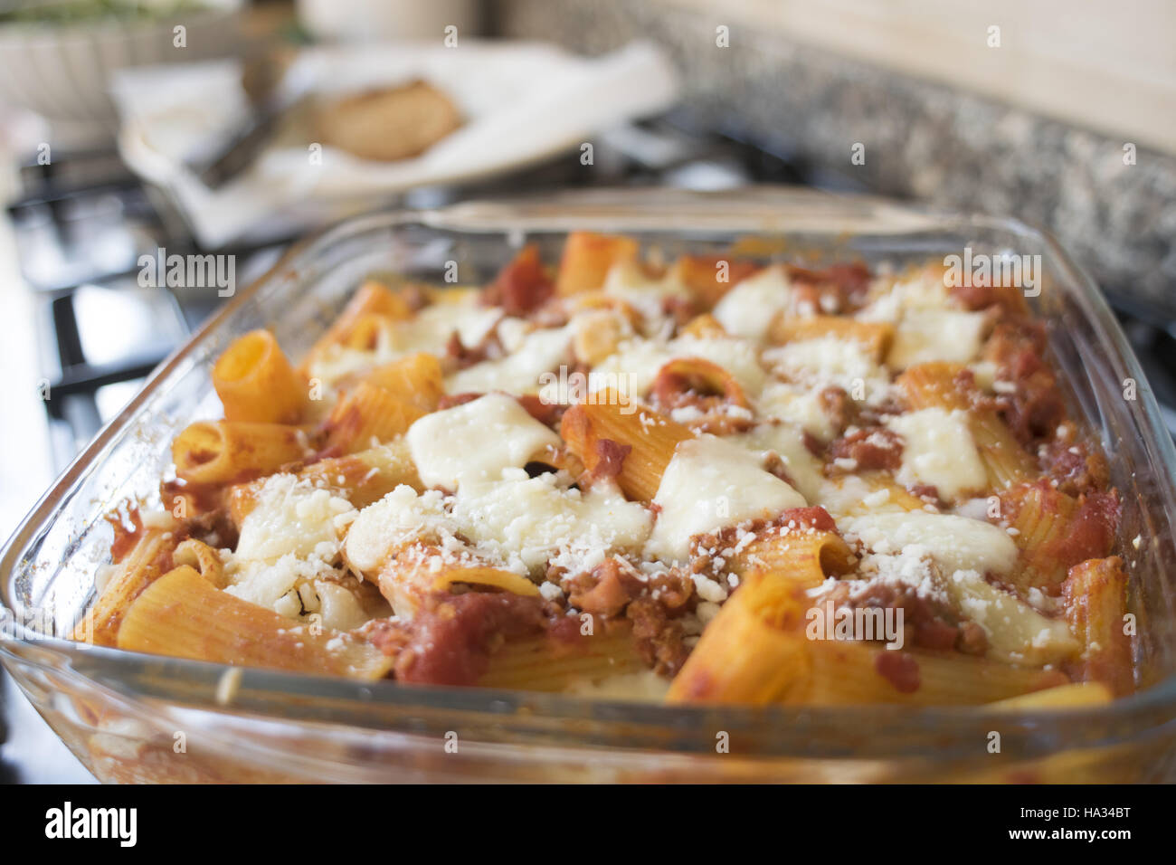 italian baked pasta with mozzarella and parmesan Stock Photo Alamy