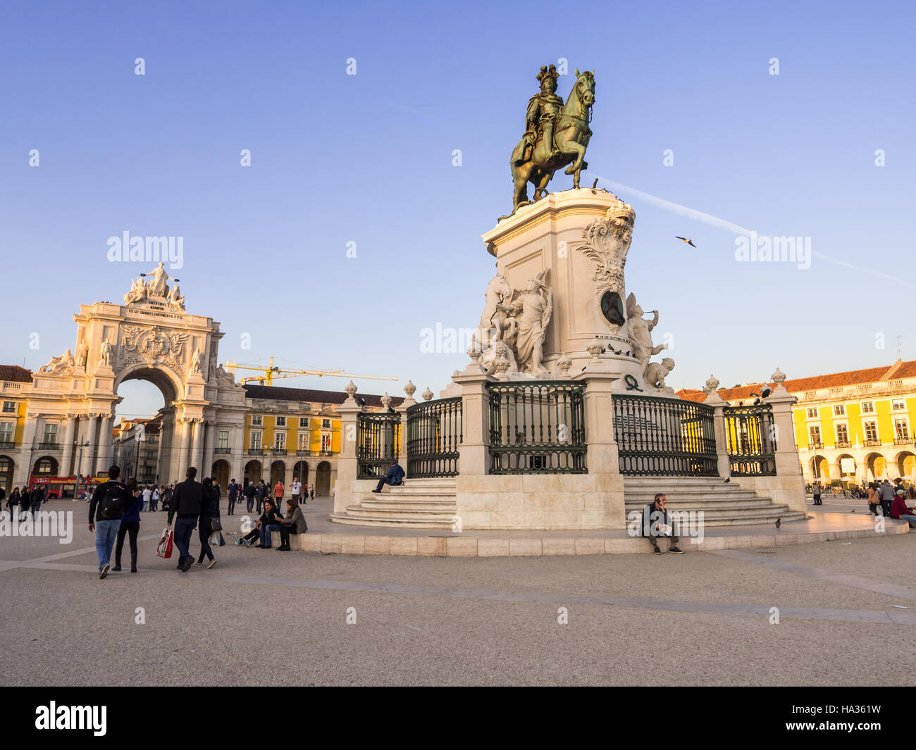 Praca do Comercio with the statue of King Jose I in downtown of Lisbon, Portugal, at sunset. Stock Photo