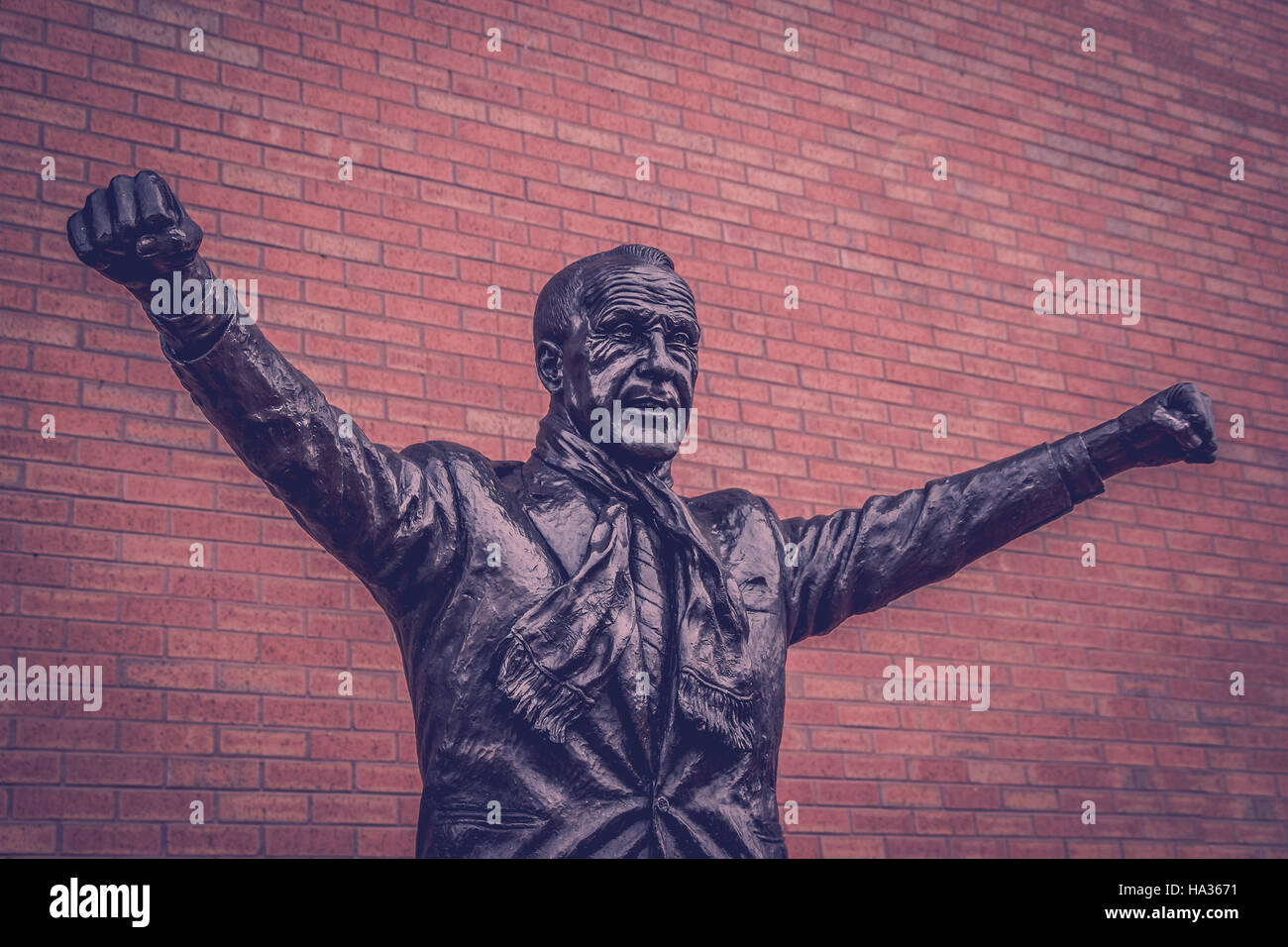 A statue of Bill Shankly outside Anfield, the home of Liverpool FC.  Shankly is arguably the most famous figure in Liverpool Football Club's illustrio Stock Photo