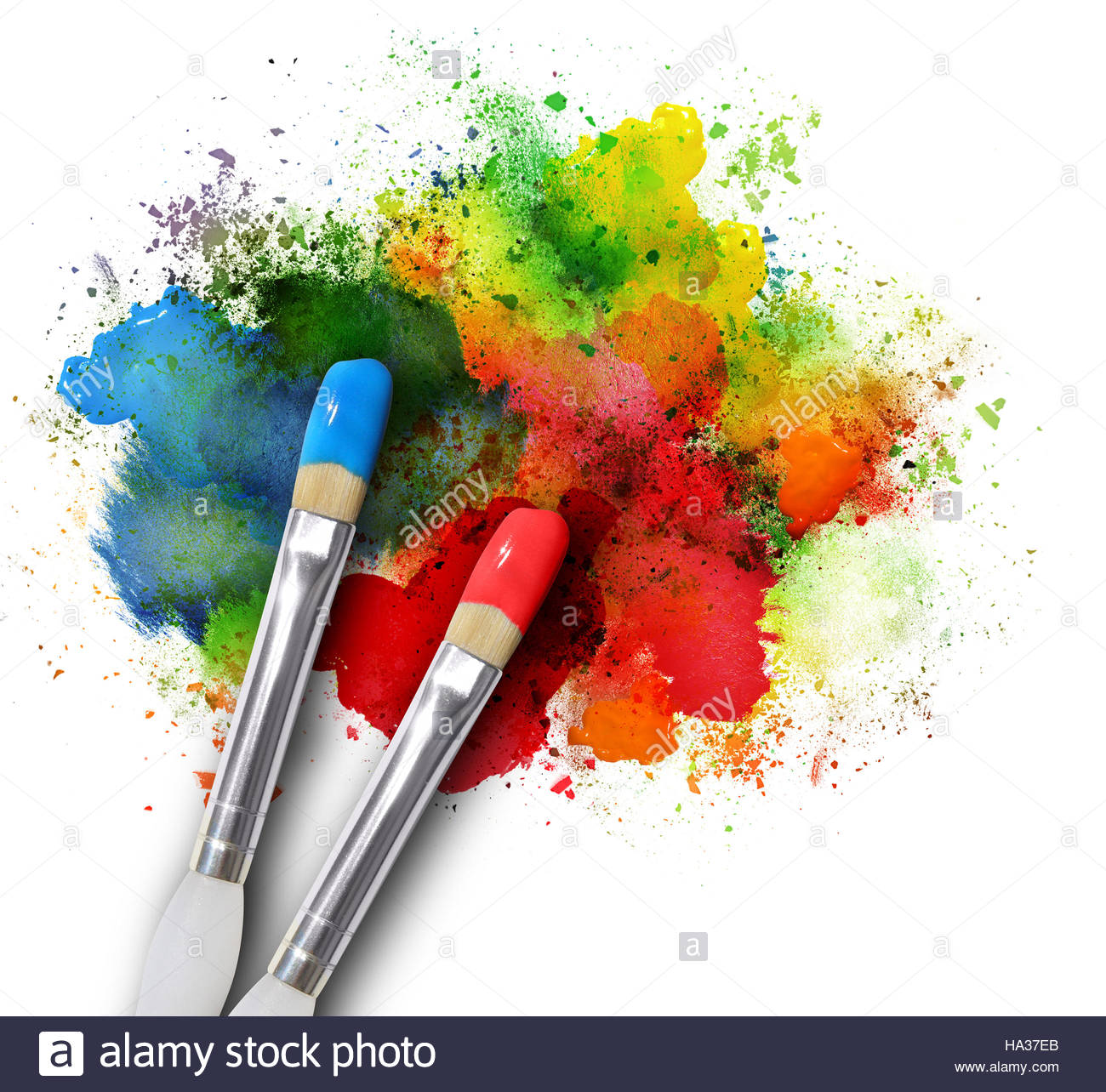 two paintbrushes are painting a rainbow splattered art project the