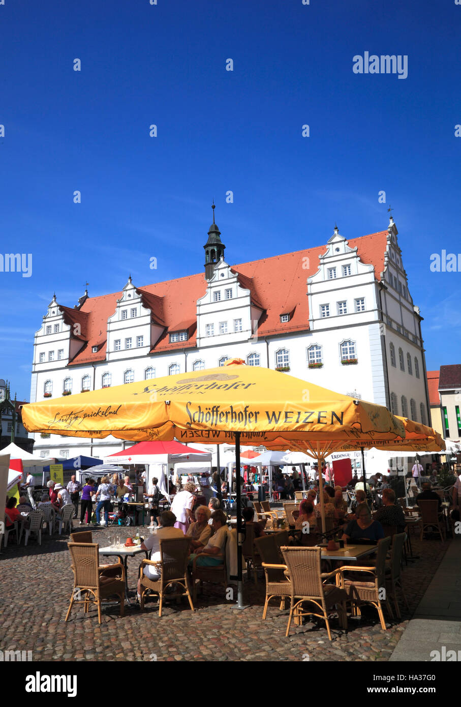 Pavement Cafe at market square with town hall, Wittenberg / Elbe, Saxony-Anhalt, Germany, Europe Stock Photo
