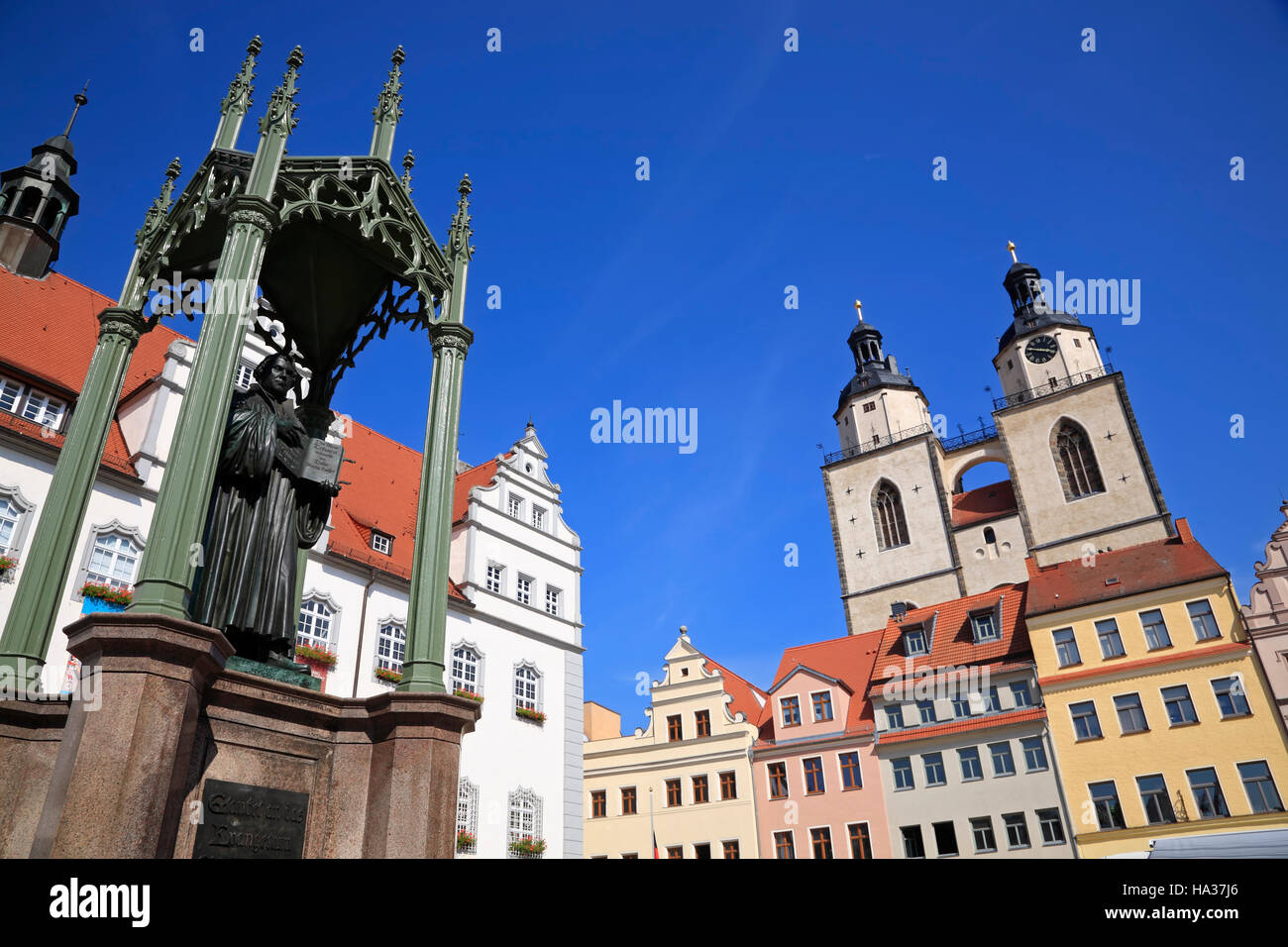 LutherMonument and Marienkirche at market square, Wittenberg / Elbe