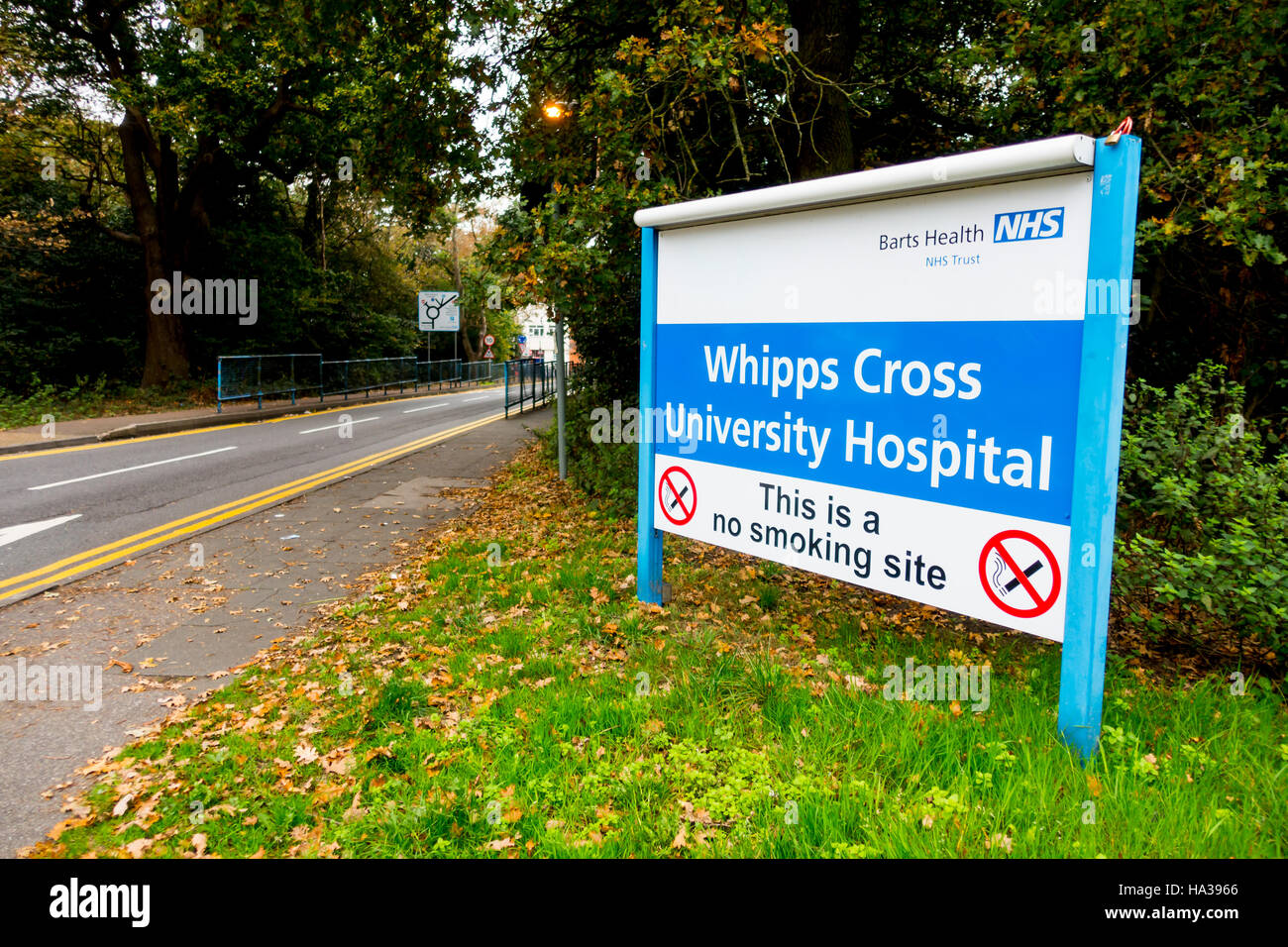 Sign at the entrance to Whipps Cross University Hospital, Waltham Forest, London. Part of Barts Health NHS Trust Stock Photo