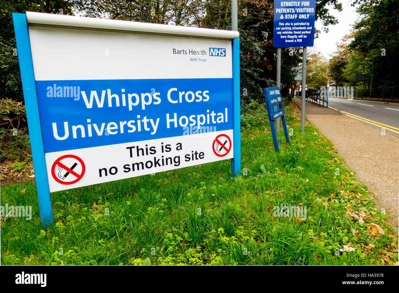 Sign at the entrance to Whipps Cross University Hospital, Waltham Forest, London. Part of Barts Health NHS Trust Stock Photo