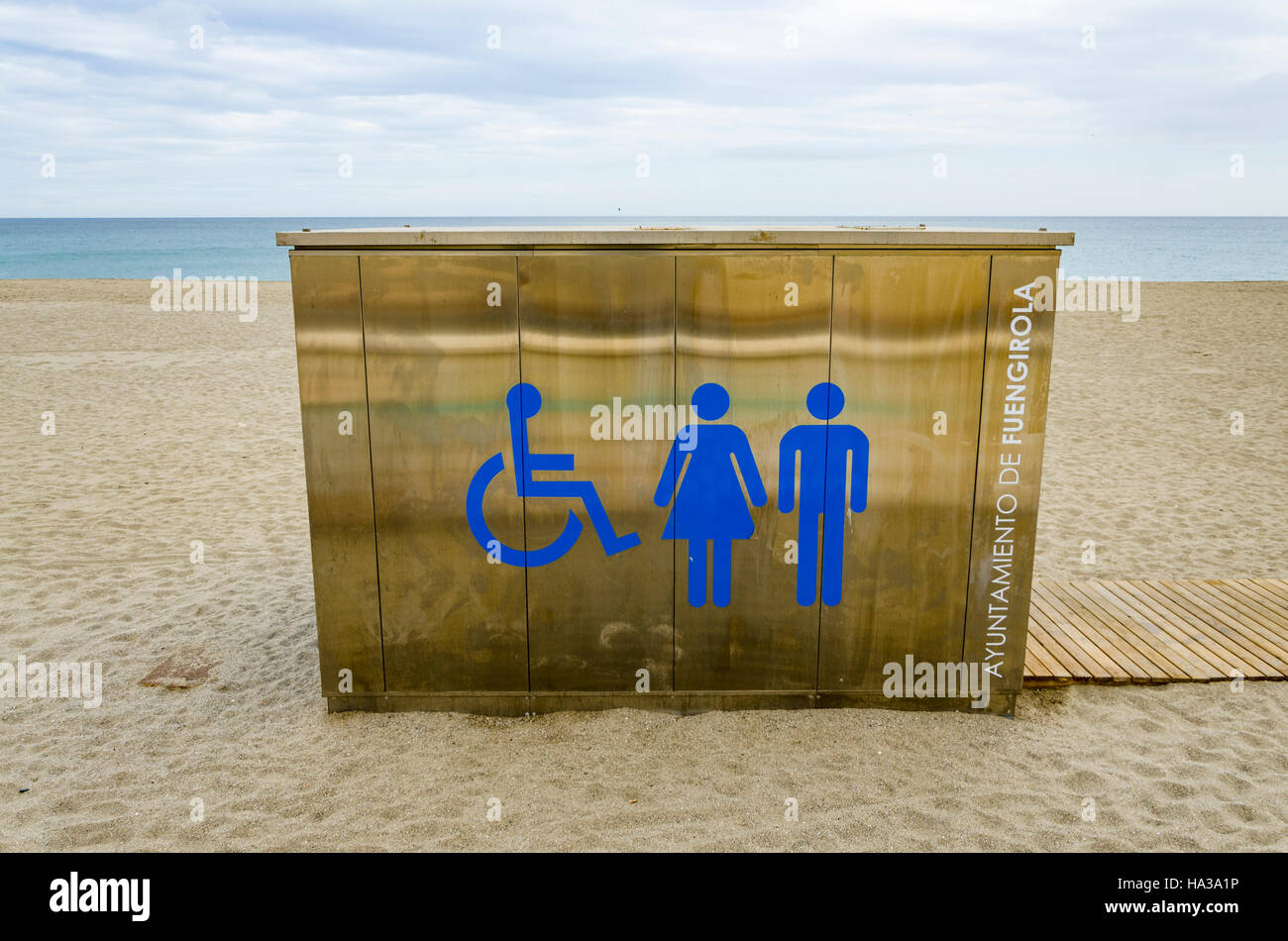 Public toilet on beach. cabin, Fuengirola, Costa del Sol, Southern Spain Stock Photo