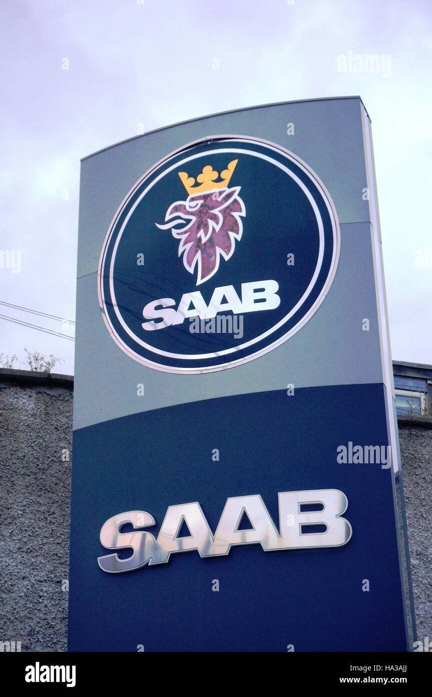 Sign with logo for a SAAB used car dealership in Dublin. The Swedish automaker went bankrupt in 2012. Stock Photo