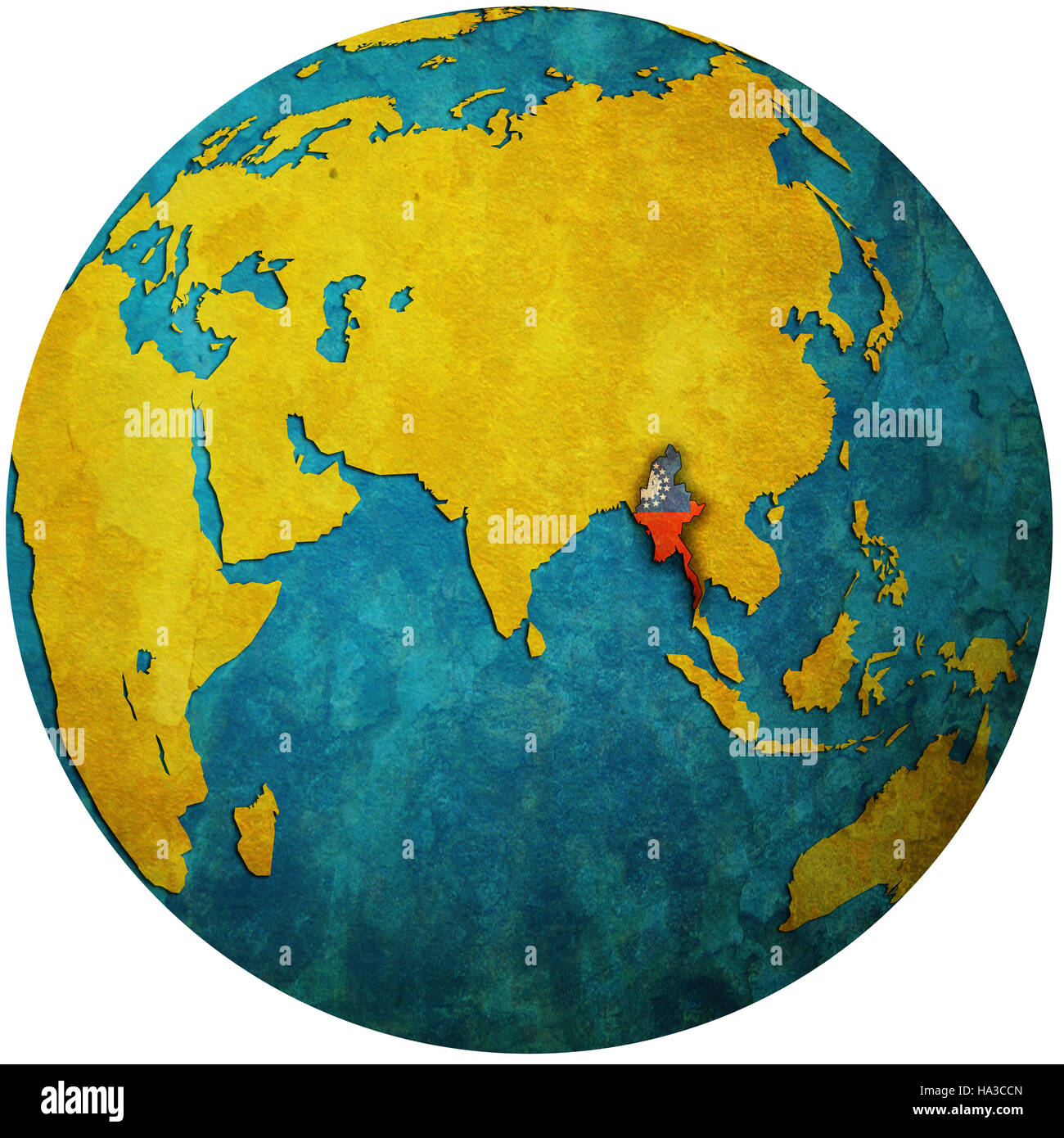 isolated over white territory of myanmar with flag on globe map Stock ...