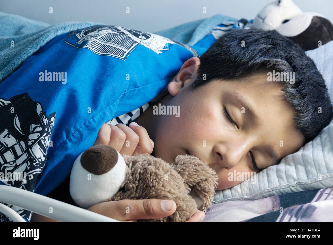 Sleeping child in bed with cuddly toy Stock Photo