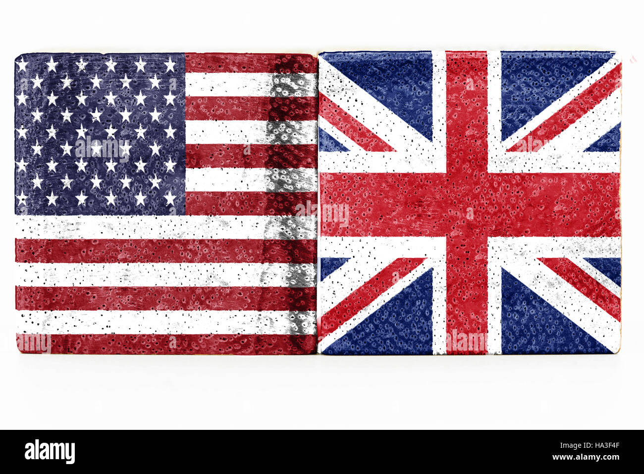 abstract USA and UK flag on wood block on isolate background - can use to display or montage on product Stock Photo