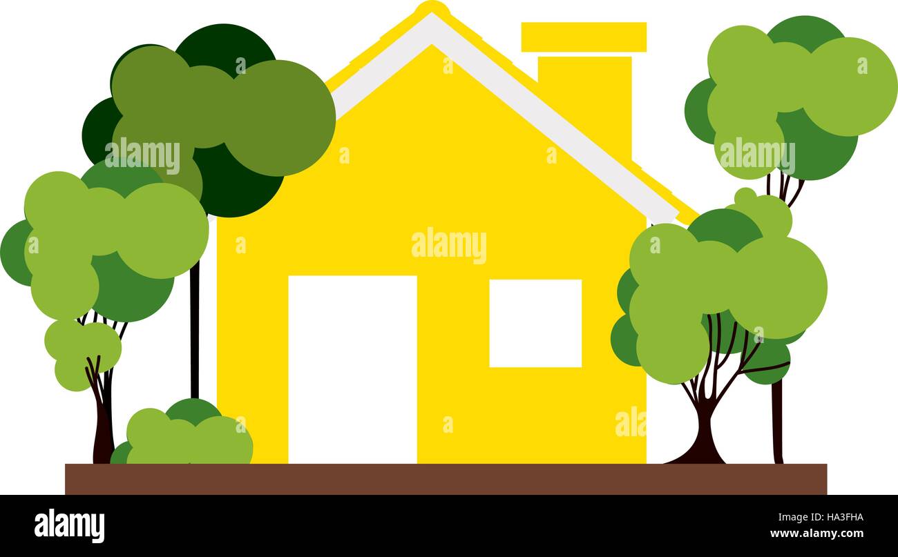 silhouette with yellow house and trees on the sidewalk vector