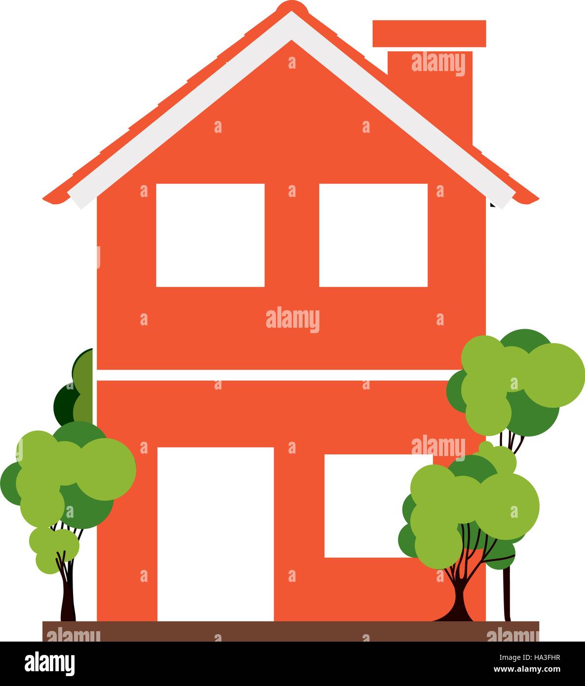 silhouette with orange house of two floors with trees vector