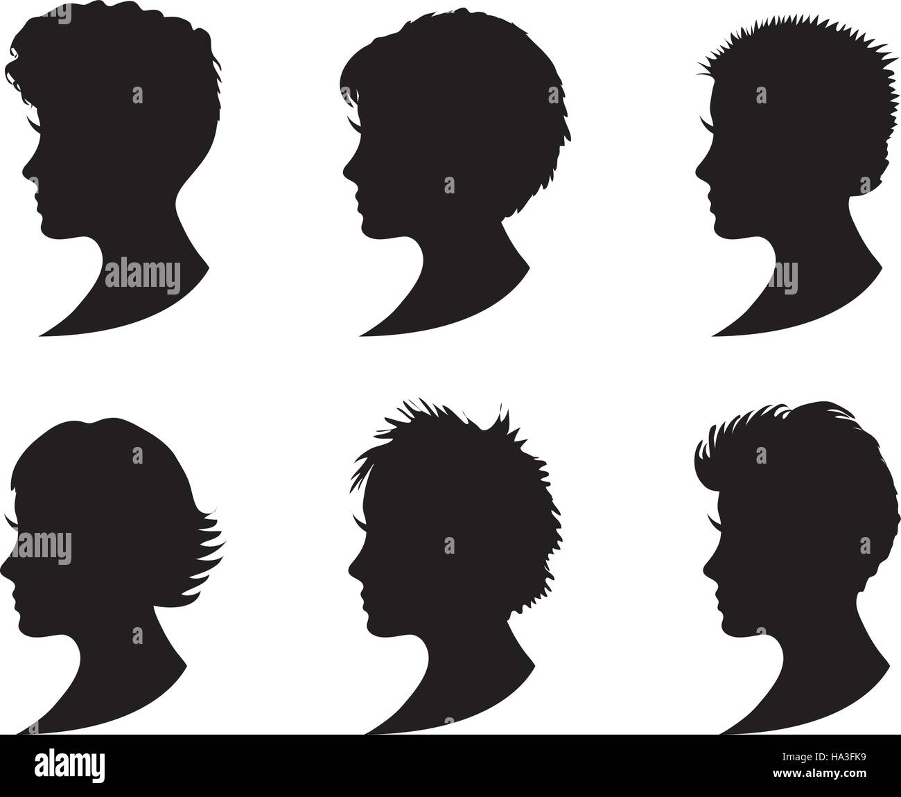 Set of black silhouette girl head with different hairstyle. Short haircuts. Young women face in profile with short hair. Isolated on white background. Vector illustration Stock Vector