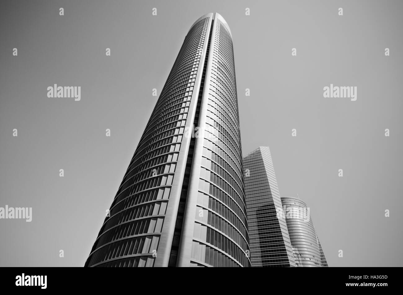 MADRID, SPAIN-4 MAY: Monochrome picture of Cuatro torres financial center in Madrid on 4 May, 2013. Stock Photo