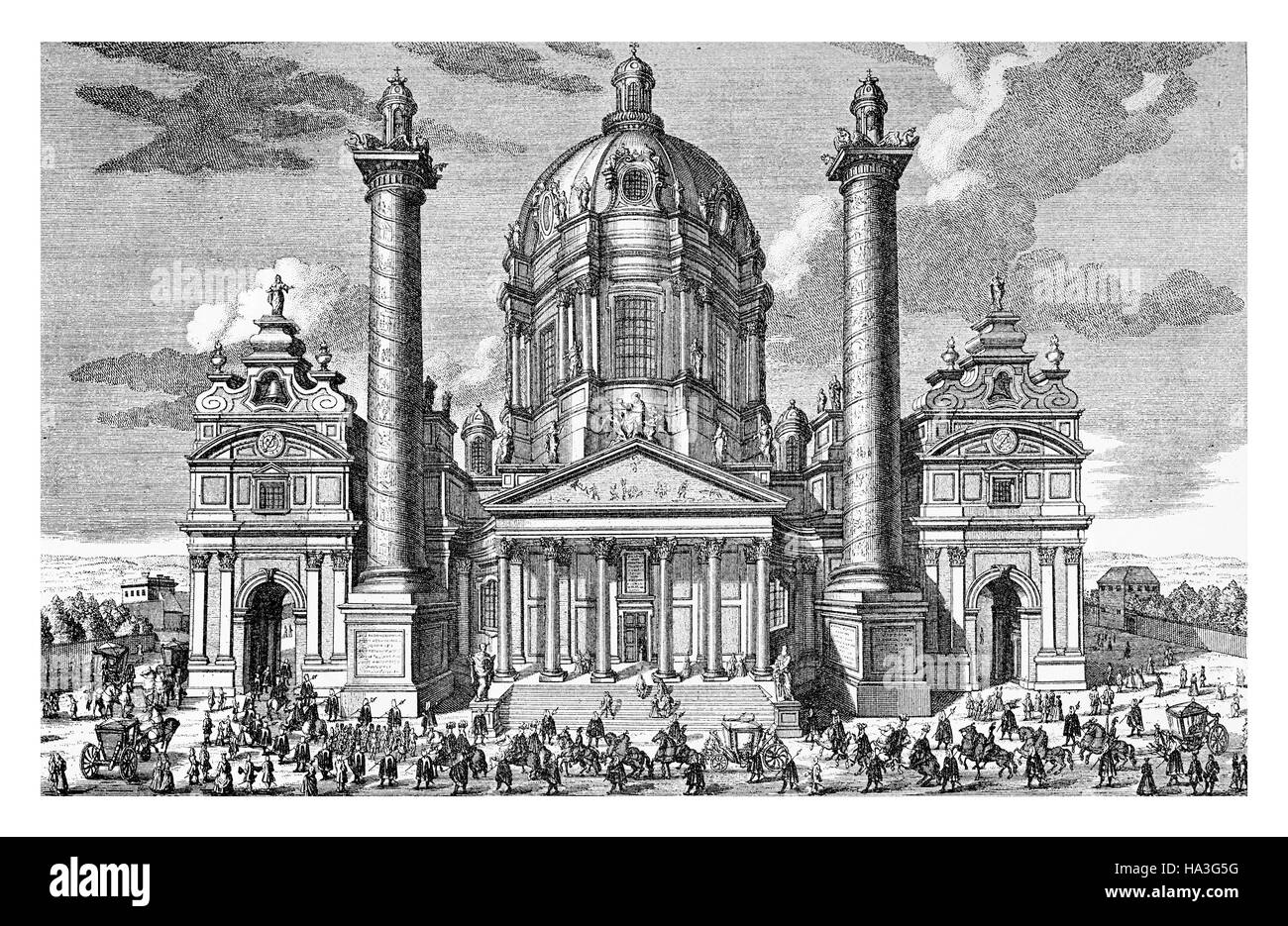 Beautiful engraving of St. Charles Church (Karlskirche) in Vienna in outstanding baroque style with the ellipsoidal dome and the flanking columns, early XVIII century engraving Stock Photo