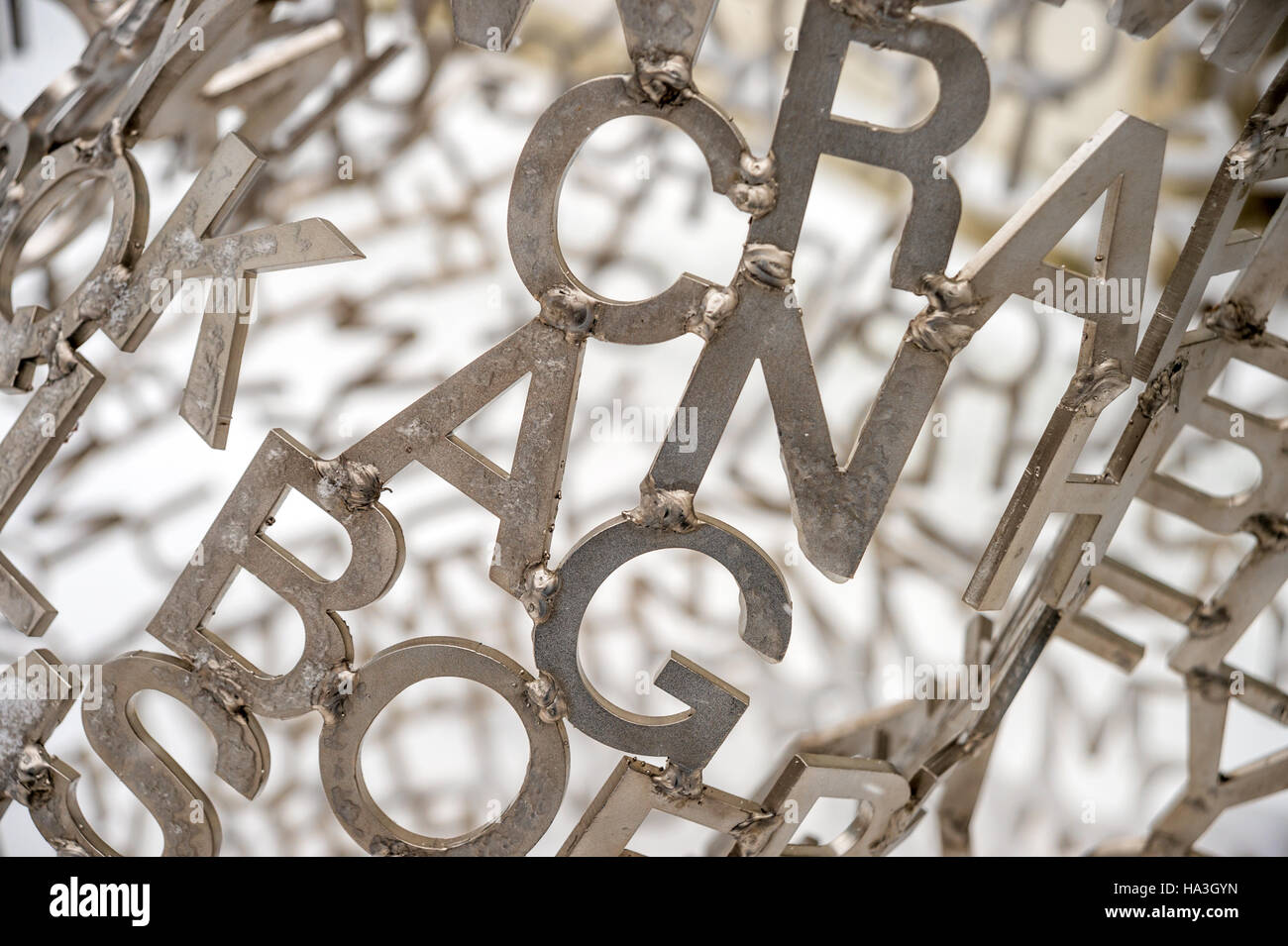 Detail of Jaume Plensa sculpture 'Shadows II' showing stainless steel letters, Montreal Museum of Fine Arts, Canada. Stock Photo