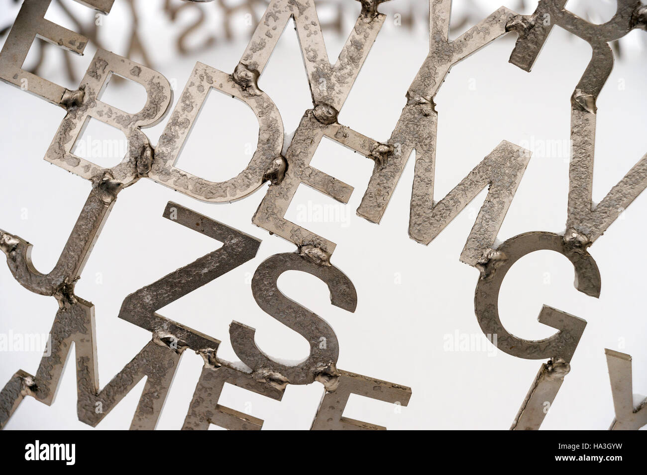 Detail of Jaume Plensa sculpture 'Shadows II' showing stainless steel letters, Montreal Museum of Fine Arts, Canada. Stock Photo